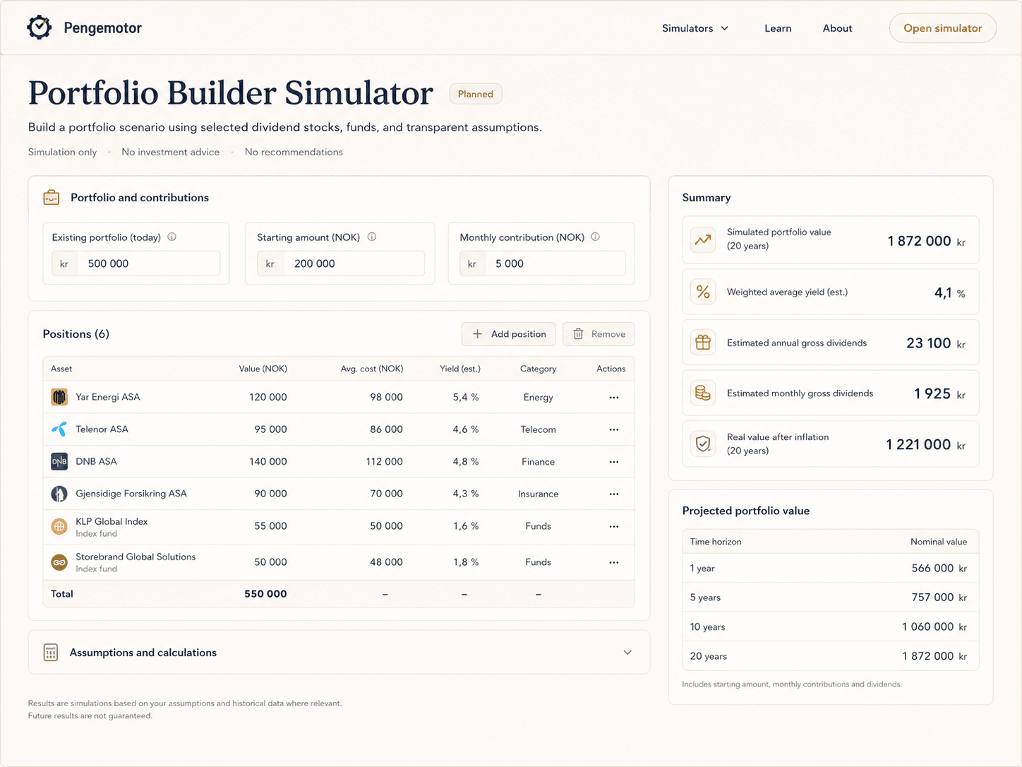 Concept preview of the Portfolio Builder Simulator